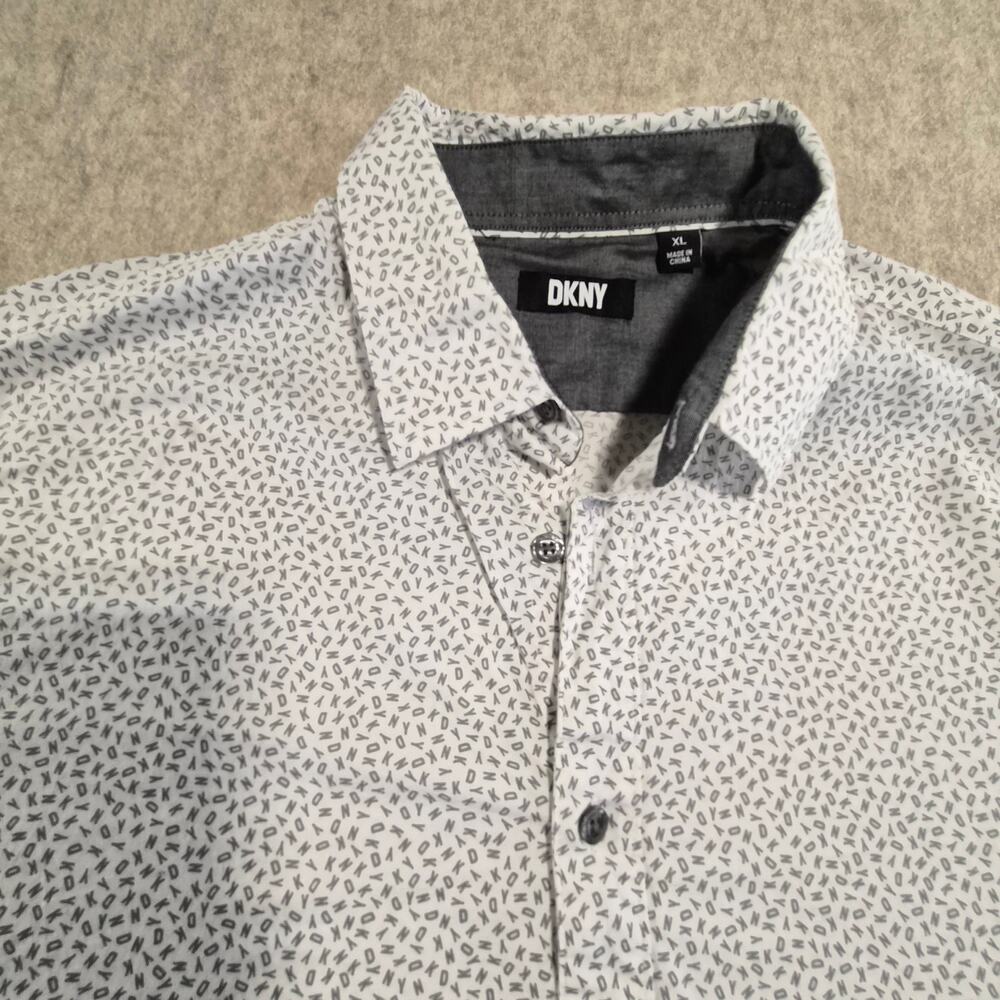 DKNY MENS WHITE W GREY LOGO PRINT BUTTON-UP SHORT SLEEVE SHIRT XL - Picture 3 of 10